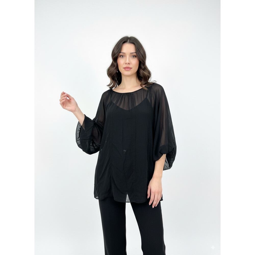 NWT Max Azria Black Sheer Blouse Tunic Relaxed Fit Boho Top Puff Sleeve XS